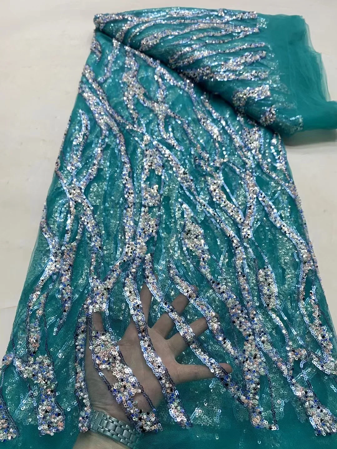 2024 High Quality African Nigeria Tulle Lace Fabric Sequins French Embroidery Wedding Party Dress Beads Stone 5Yards DP0282