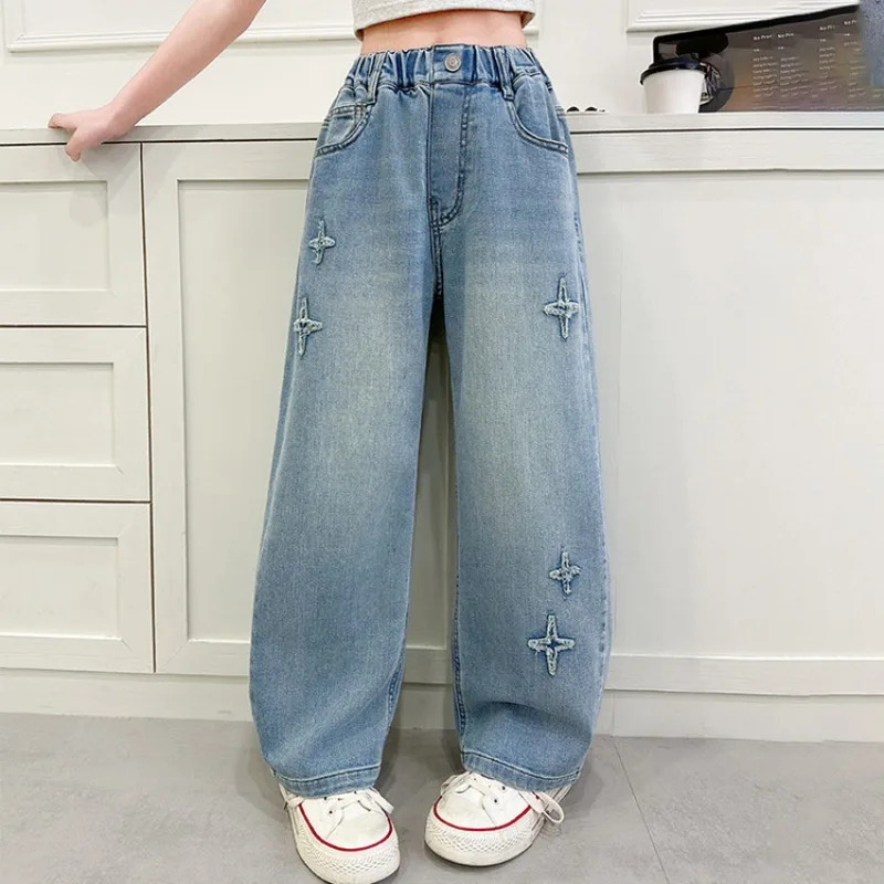 

New 2025 Girls Loose Wide-leg Jeans Trousers Children Fashion Solid Straight Denim Pants Spring Autumn Clothing 5-12 Years