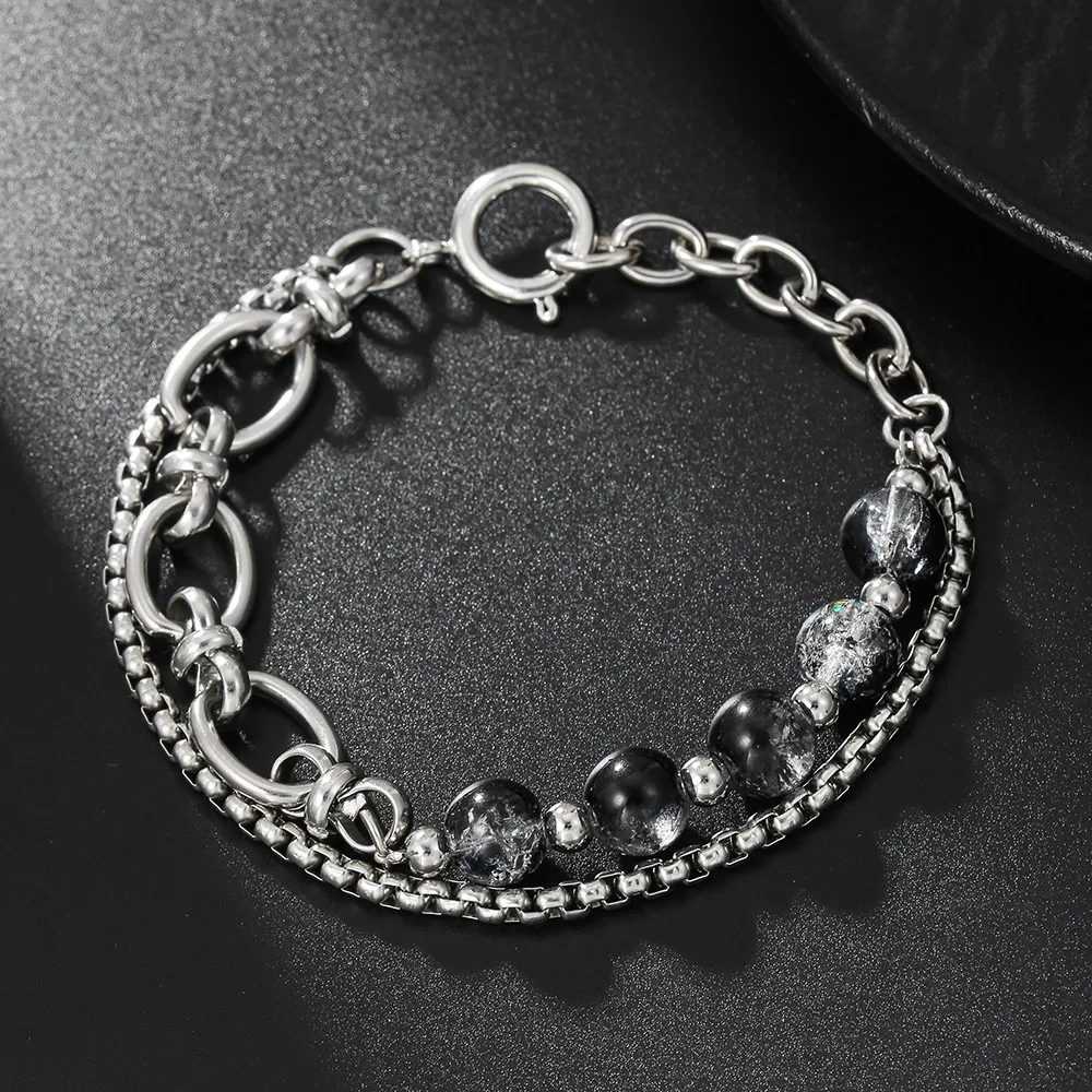 

Unique Luxury Double Layer Stainless Steel Chain Ice Crack Bead Mixed Hip Hop Fadeless Bracelet Gift
