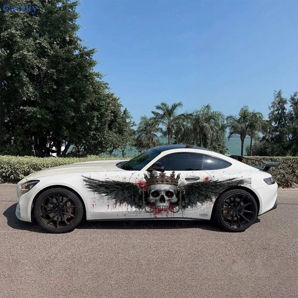 

2pcs Ink Splatter Blood Stain Skull Wings Car Side Wrap, Self-Adhesive PVC Waterproof & Scratch-Resistant Sticker, Car Accessory