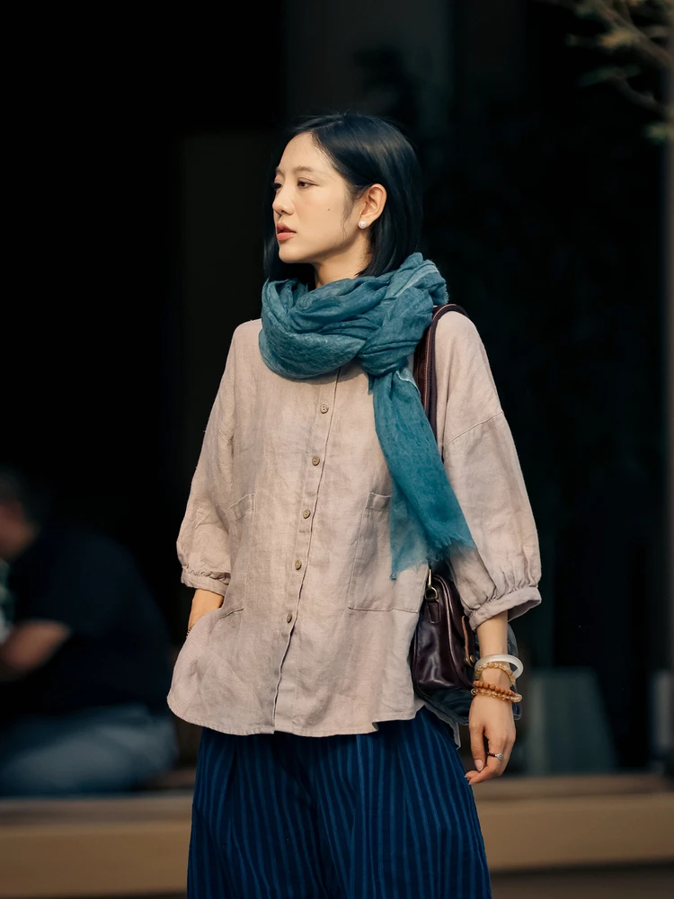 

Женская рубашка из натурального льна свободного кроя с рукавом 3/4, повседневный топ для осеннего сезона, прямой крой, плотный твил