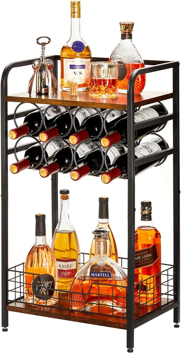 3-Tier Wine Bar Table: Small Liquor Bottle Holder with 8-Bottle Wine Rack Mini Wine Bar Cabinet Corner Whiskey Display Shelf