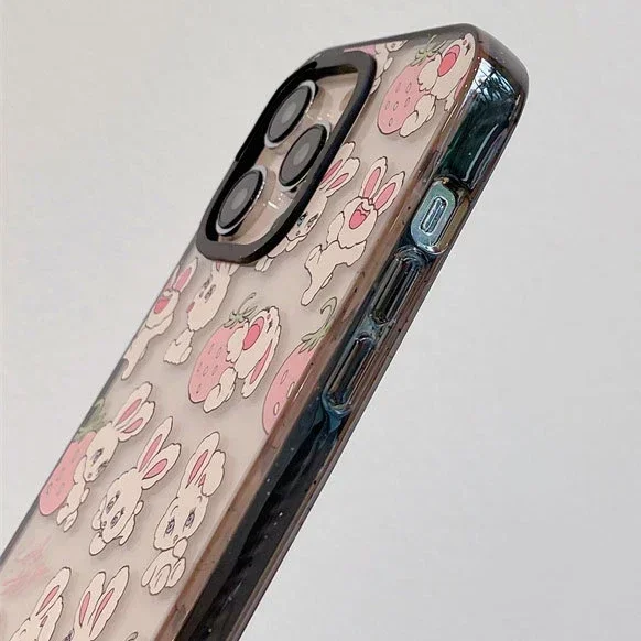 2.0 Acrylic Upgrade Border Strawberry Rabbit Phone Case Cover for iPhone 11 12 13 14 15 16 Pro Max Case for iPhone 16 Pro