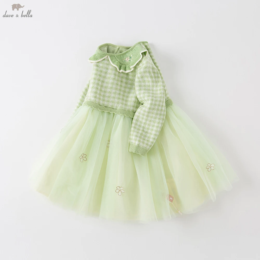 Dave Bella Girl Long Sleeve Princess Mesh Dress Children Winter Knitted Sweater Dress Sweet Party Outdoor Clothes DB1230348