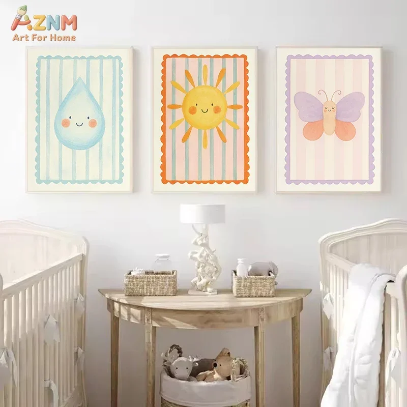 AZNM Colorful Boho Kids Positive Quote Canvas Wall Art, Cute Sun Mushroom Butterfly Tooth Brushing Cartoon Illustration Print, F