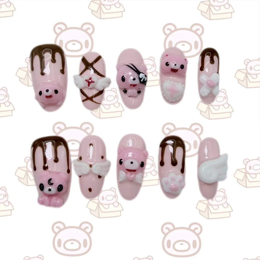 Cartoon Niedlicher Rosa Hase Dessert Liebesbär Ellipsen-Nagelkunst 3D Stern Schmetterling Knoten Flügel Punkt-Muster Künstliche Nägel Geburtstagsgeschenk – Detail 7