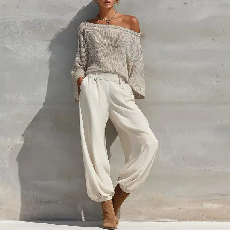 Off‑Shoulder Knitted Top & Pencil Trousers Suit Women Loose Flare Sleeve Solid Set Commuter Holiday Relaxed Fit Two Piece Outfit