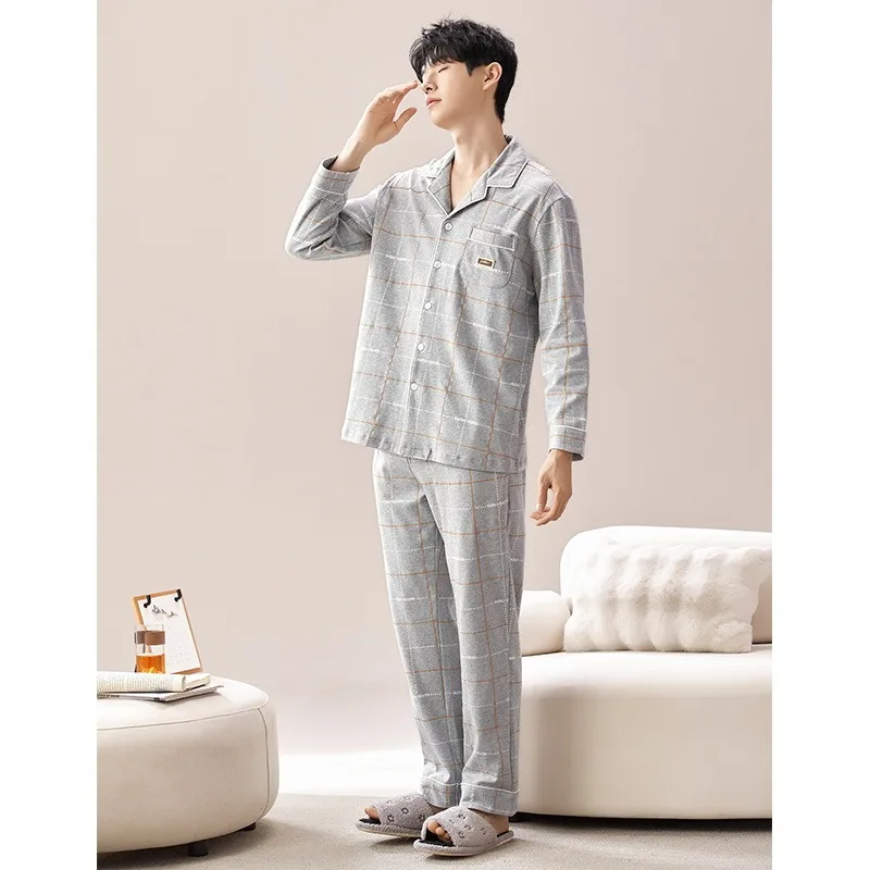 Men Pajamas Sets Long Sleeve Cotton Autumn Spring Youth Homewear Set Sleep Cloth Outside Male Printed Pjs Casual Loungewear