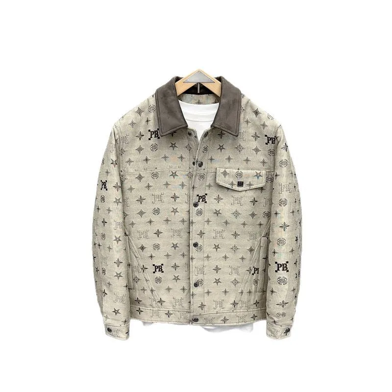 

Spring 2025 Men's Faion Khaki Color Tied Flower Colion Color Slim Fit Casual Collar Jaet Outerwear American Leisure Sle