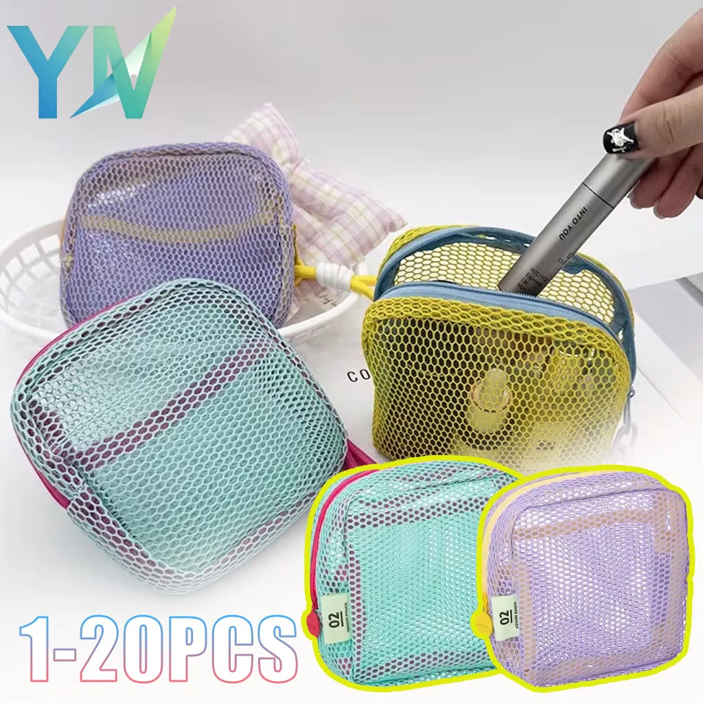 1-20PCS Net Small Makeup Bag Tofu Shape Bright Color Portable Coin Wallet Storage Pouch for Travel Vacation Beach Picnic Camping