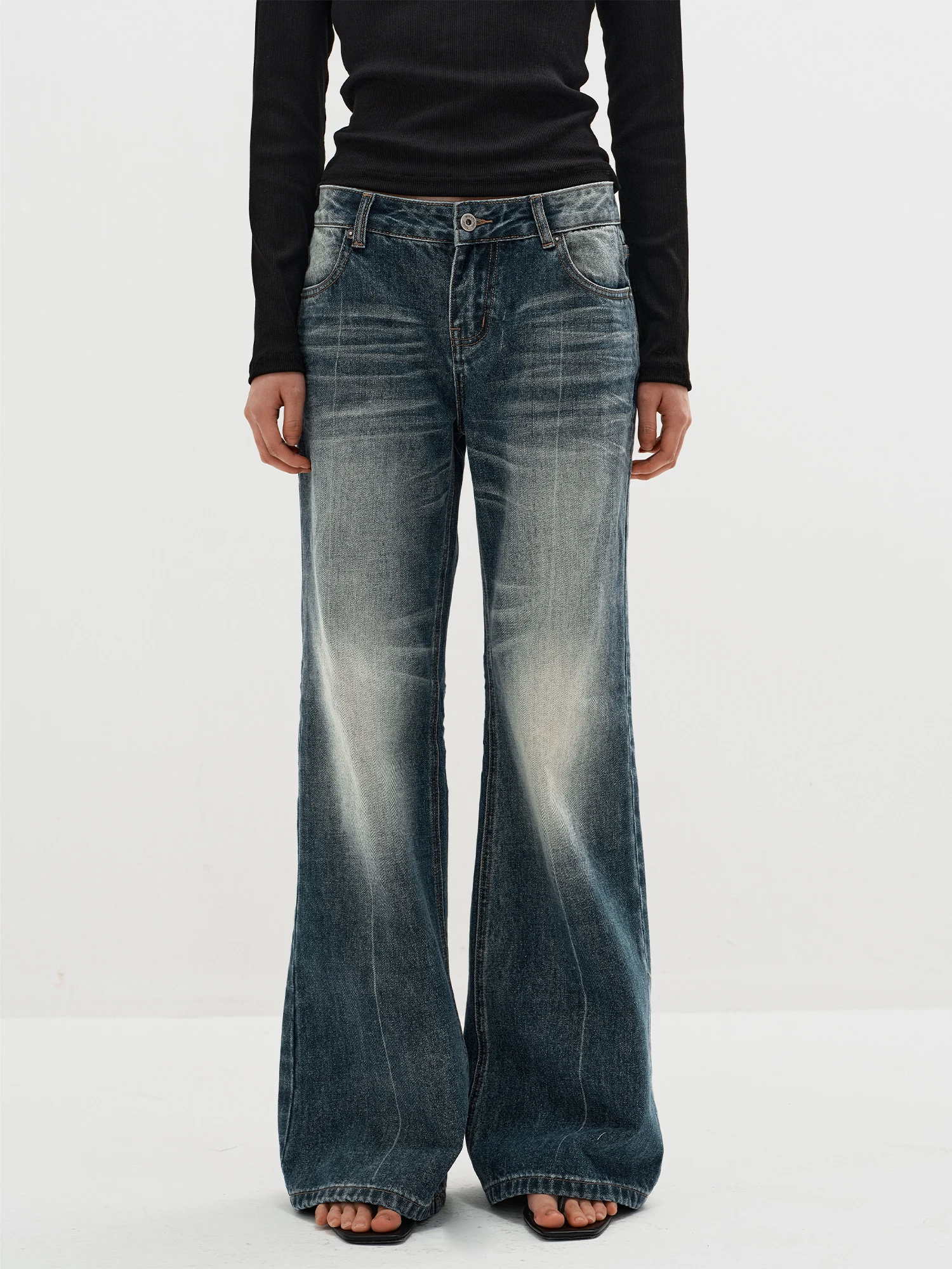 

MHV ARCHIVE Vintage Washed Low Rise Women's Jeans Cotton Natural Waist Wide Leg Pocket Detail Button Closure Winter Wear