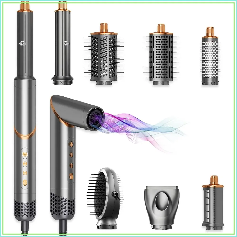 8-in-1 Hot Air Brush Styler, Fast Drying & Volumizing, Ionic Blow Dryer Brush for Curling & Straightening, Foldable Multi-Styling Tool