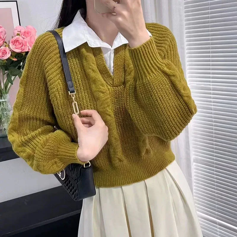 

Female Autumn Winter Twist Knit Jumpers Fashion Fake Two Pieces Knitted Pullovers Women Korean Patchwork Turndown Collar Sweater