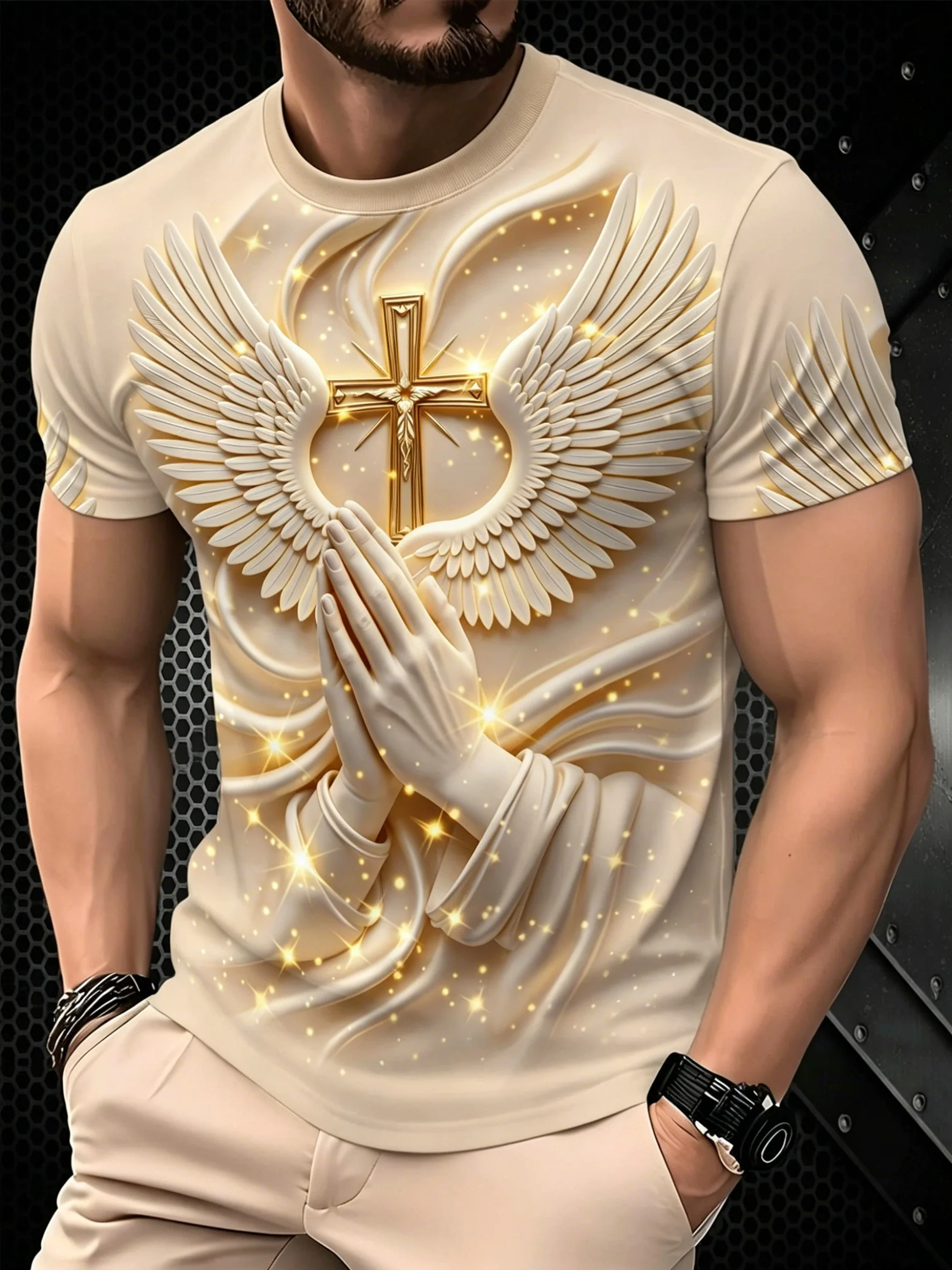 Men's beige short-sleeved summer T-shirt featuring a design of a cross, wings, and praying hands.