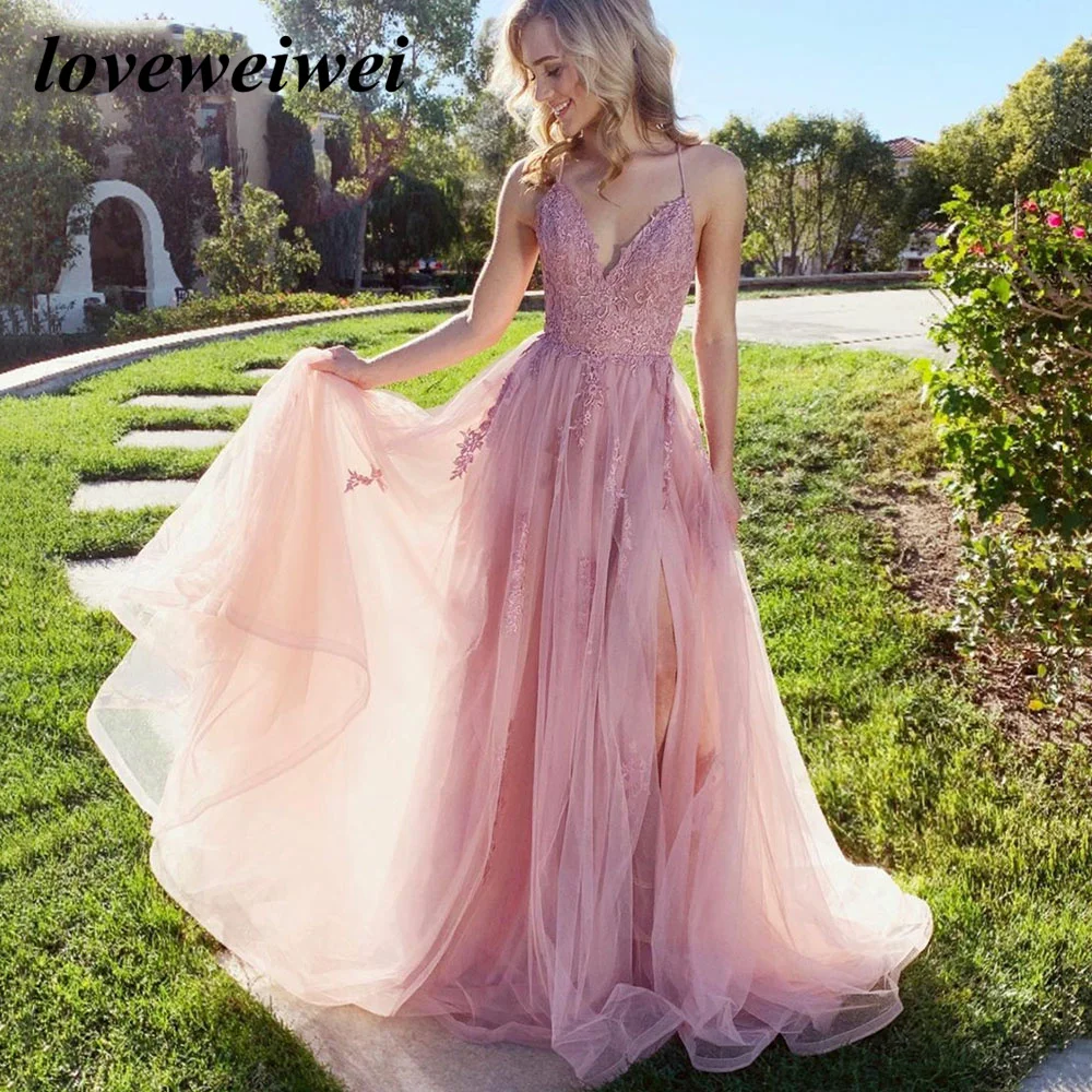 Sexy Pink Spaghetti Straps V-Neck Tulle Prom Dress Side Slit A-Line Cross Backless Lace Appliques Evening Dress For Women