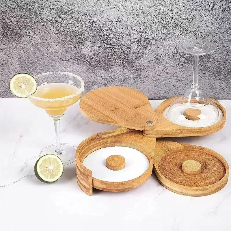 3 Tier Bamboo Rotating Salt Rimmer Box Seasoning Jar Salt Dipper Sugar Rim Box Juice Cocktail Seasoning Box Bartender Tool Box