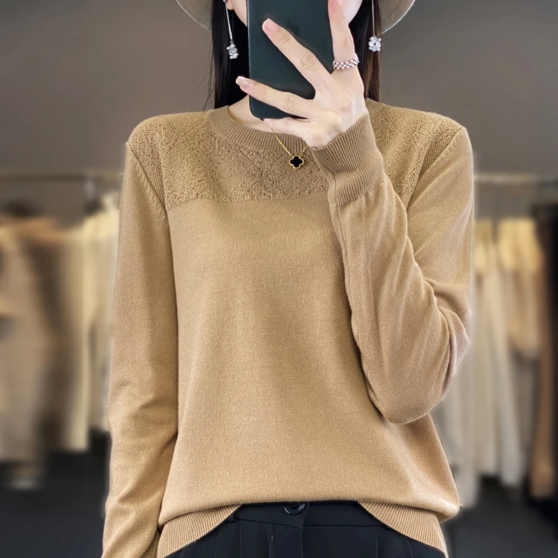 Fall 2023 new crewneck sweater women's loose hollow crochet sweater Korean pullover mercerized cotton knit base