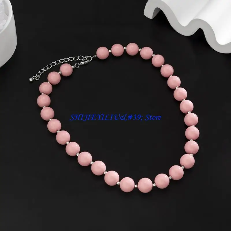 E21F Pink Beaded Necklace Simple Collar Necklace Fashion Jewelry Clavicle Chain Gift