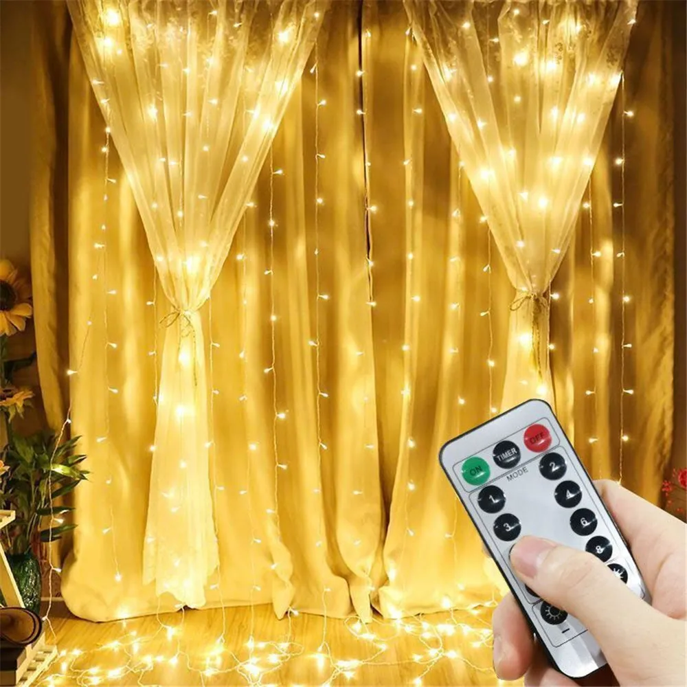 Guirnalda de luces LED con control remoto USB, guirnalda de hadas de Navidad, cortina de luz, decoración para el hogar, vacaciones, Año Nuevo, 8 modos