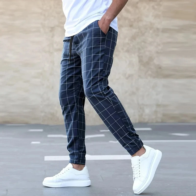 

2025 high-quality men's Korean style checkered fashion checkered color matching calf pants slim fit casual sports pencil pants