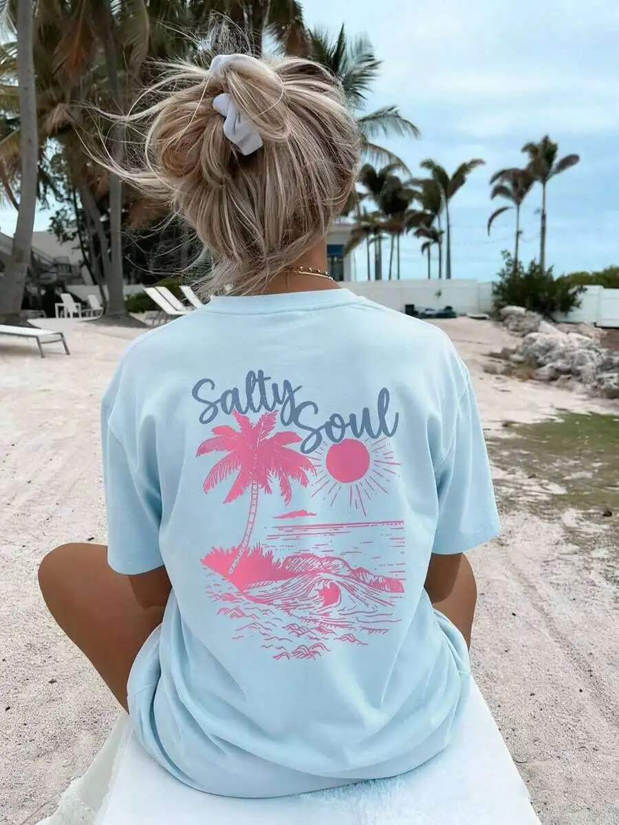 

Летняя футболка 2026 SALTY SOUL женская, новая коллекция весна-лето, с принтом «Кокосовые пальмы и солнце», повседневная, с круглым вырезом