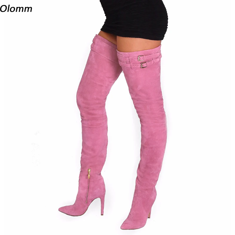 

Olomm Handmade Women Thigh Boots Side Zipper Stiletto Heels Pointed Toe Gorgeous 11 Colors Party Shoes Women Plus US Size 5-15