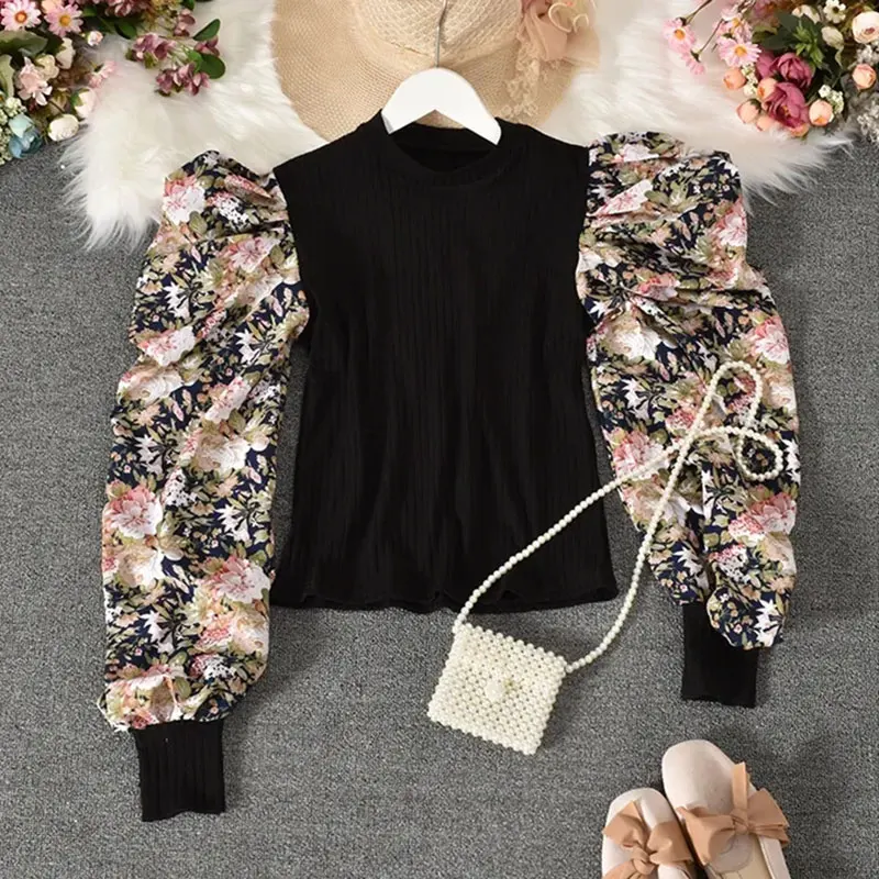 

Knit Patchwork Elegant Floral Print Puff Sleeve Women's Blouse Shirt O-Neck Loose Pullover Women Clothing Fashion Blouses 2024