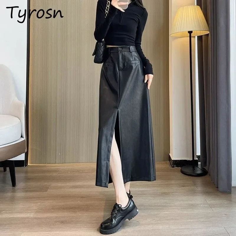 

PU Leather Skirts Women Midi Slit Wrap Hip Design Cool Girl Personality Hipster Prevalent Ulzzang Temperament Slim Autumn Winter