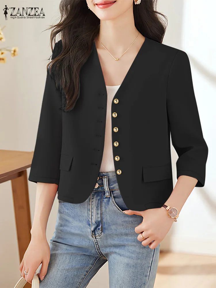 سترة نسائية أنيقة للخريف من ZANZEA خفيفة الوزن غير رسمية برقبة على شكل حرف v وأكمام ثلاثة أرباع وسترات مناسبة للتنقل ملابس مكتبية