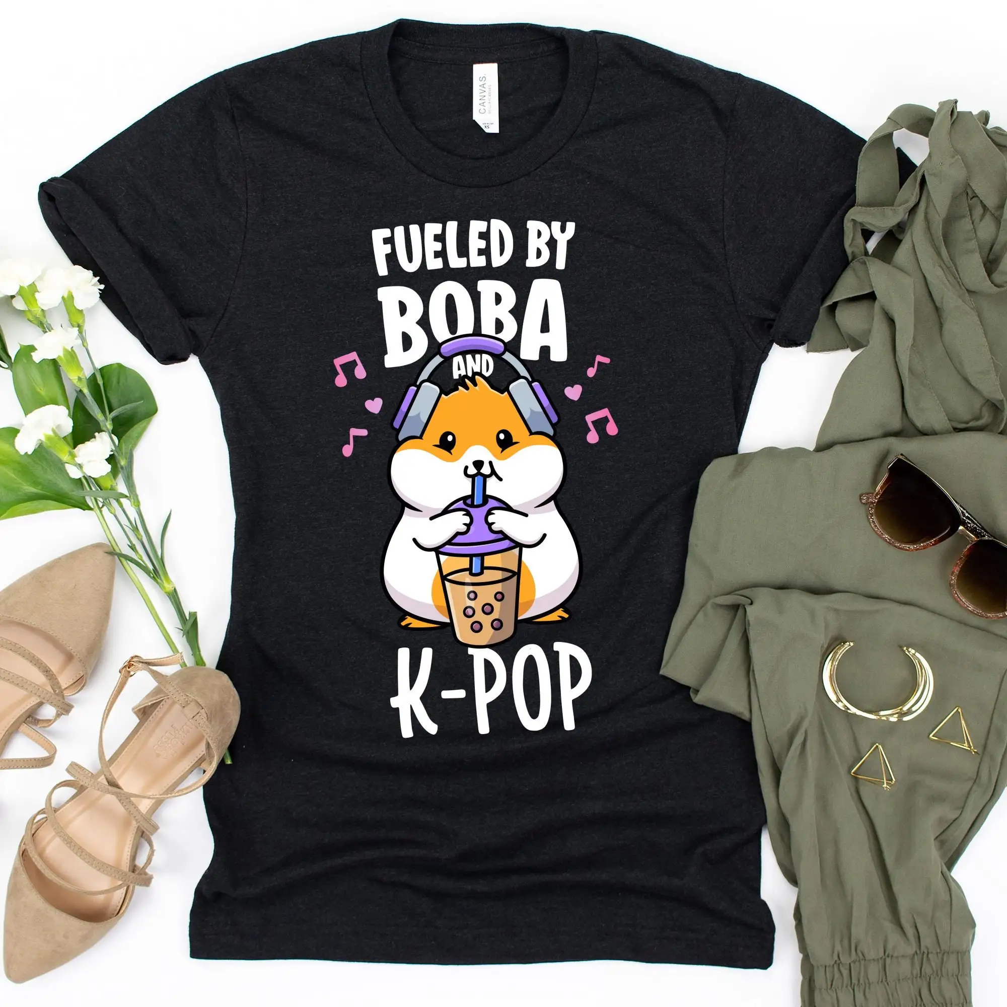 Fueled By Boba And K Pop T Shirt Cute Hamster Kawaii Bubble Tea Clothing KDrama Korean