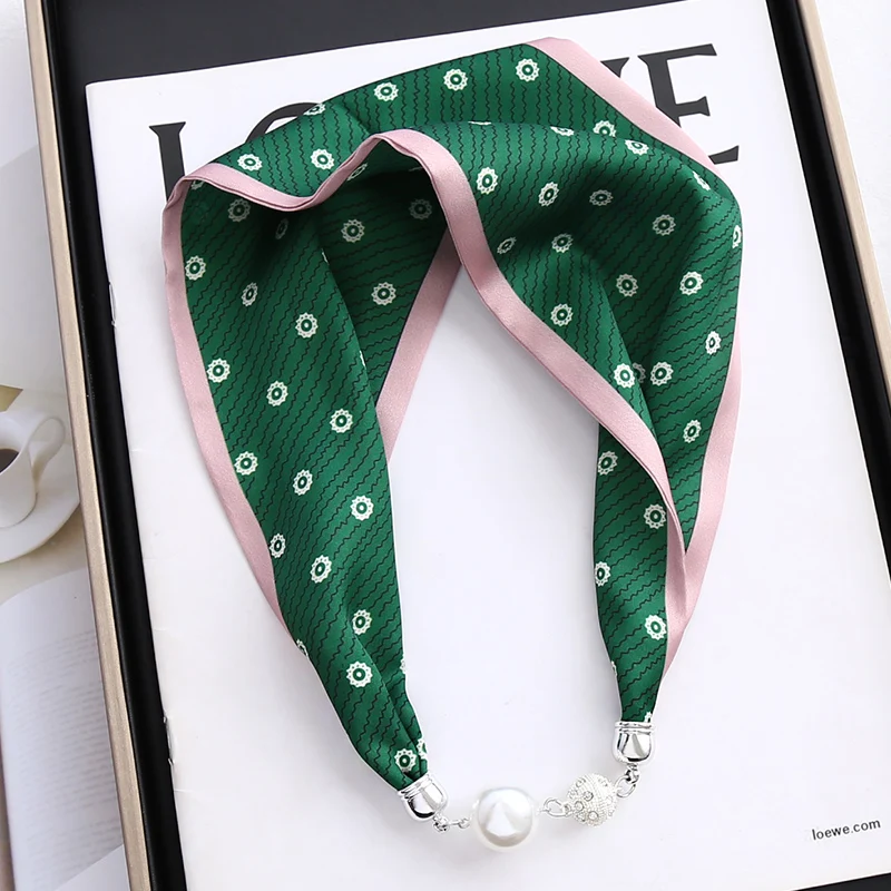 Spring Autumn Shirt Decoration Pearl Magnetic Snap Imitated Silk Scarf Necklace Ladies Fashion Floral Printed Neckerchief