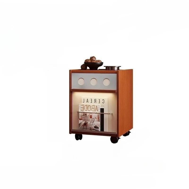 hh-Mid Advanced Nightstands Design Double Layered Movable Storage Bedside Table Solid Wood Socket Mueble Bedroom Furniture^