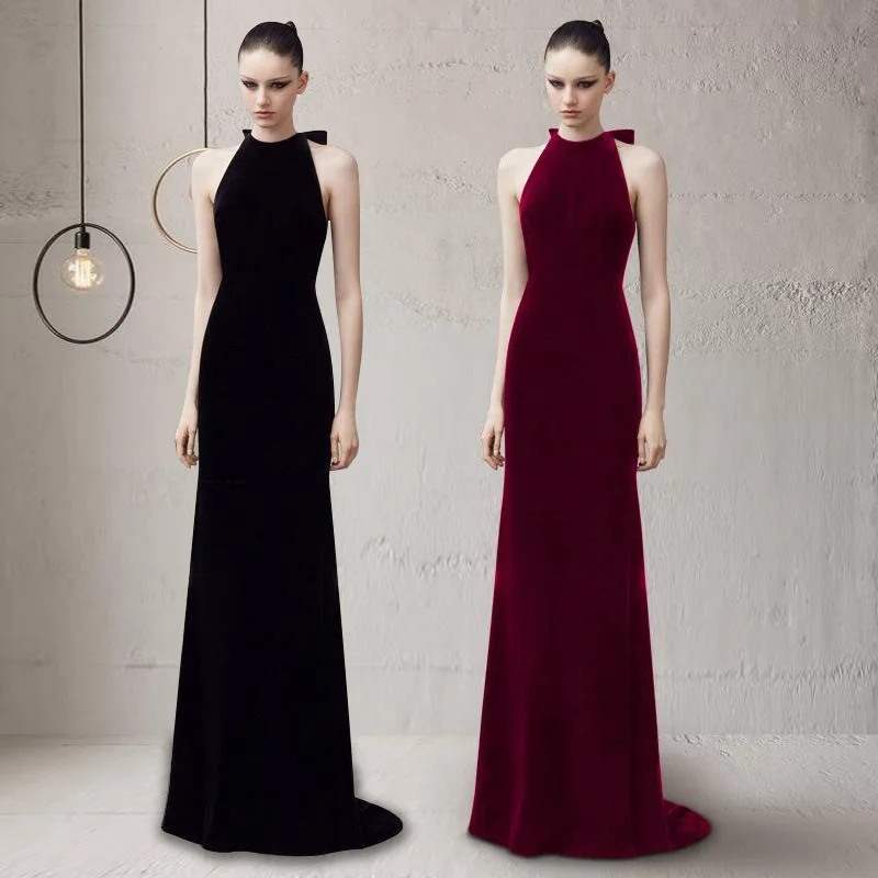 Bridedress Women Sexy Halter Neck Elegant Long Party Wedding Back Bow Mermaid Evening Velvet Dress Plus Size Winered Black