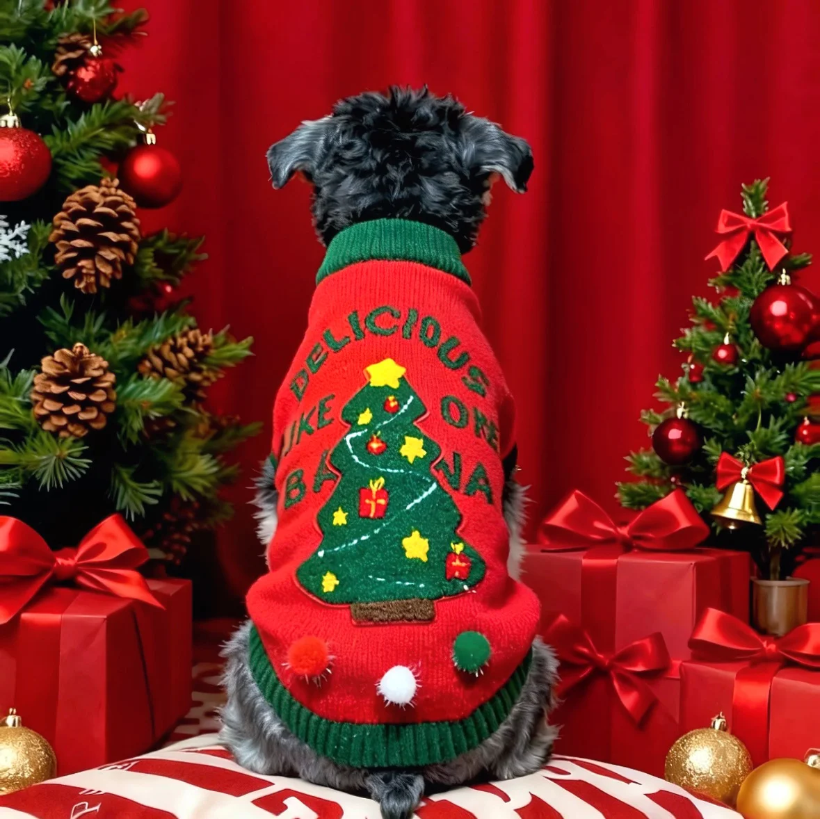 Christmas Dog Sweater Xmas Tree Embroidery Pet Knit Clothes Warm Winter Pullover Costume with Pom‑pom for Small Dogs Puppies
