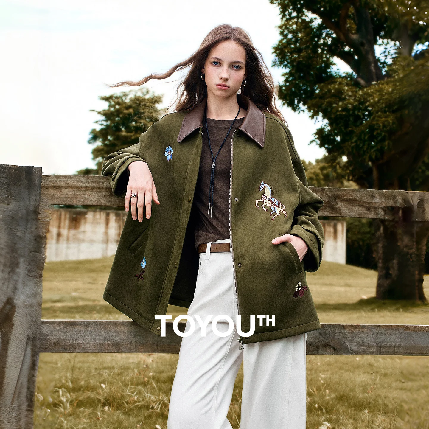 TOYOUTH Women Jacket 2026 Autumn New Suede Velvet Urban Nomadic Style Embroidery Patchwork Leather Lapel Loose Cargo Outerwear
