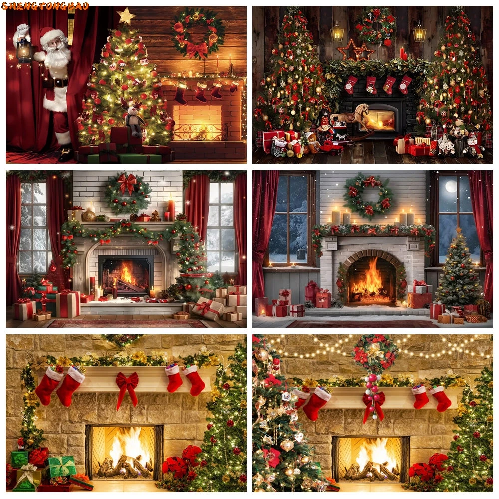 Décors de photographie de cheminée de Noël, arbre de Noël, père Noël, cadeau de fenêtre, décor de fond de portrait de famille de bébé, studio photo