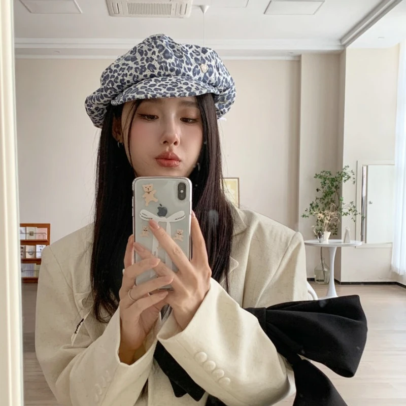 

Retro Heart-shaped Leopard Print Octagonal Hat, Cloud Versatile Casual Duckbill Hat, Painter Hat