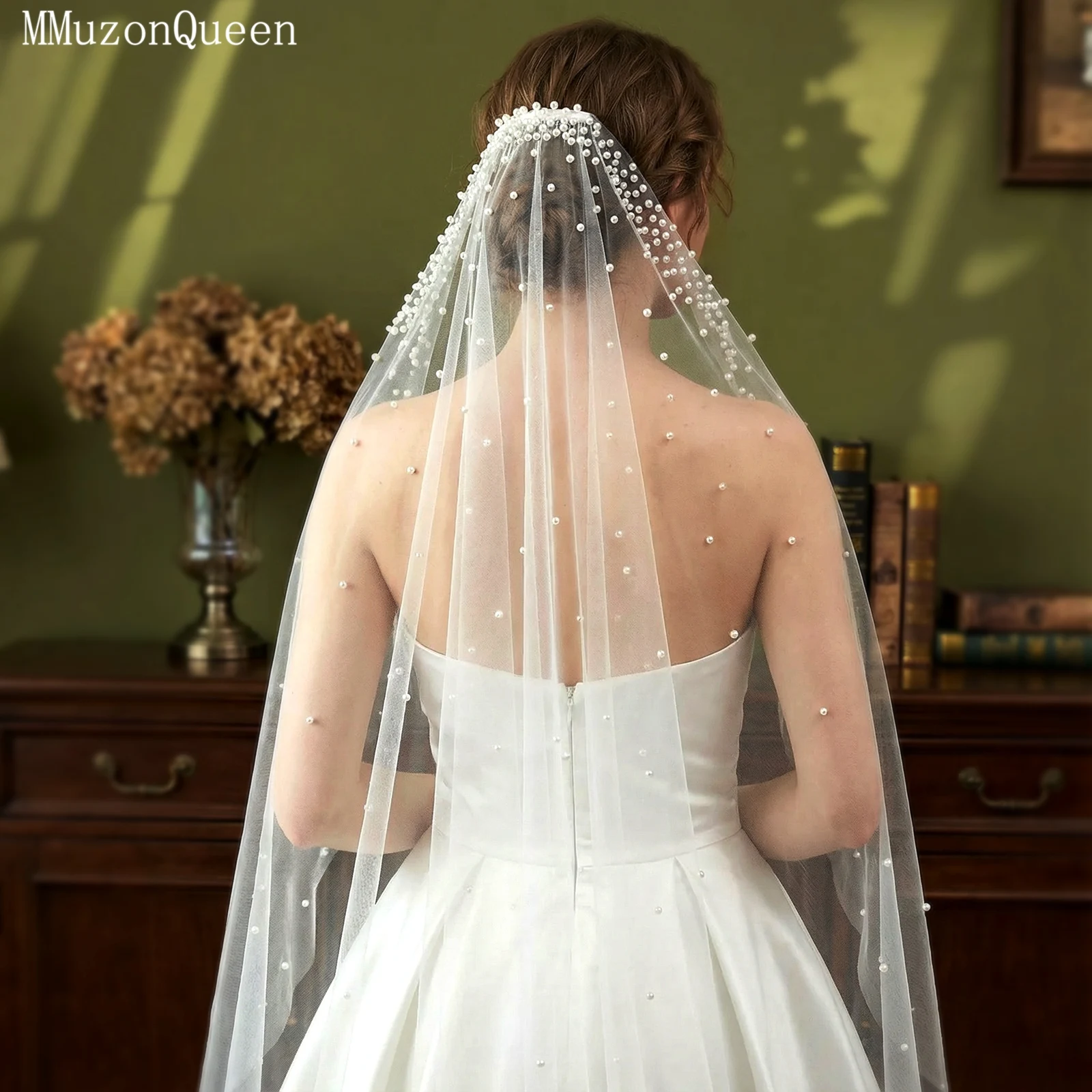 

Свадебная фата TOPQUEEN V172 в европейском и американском стиле, однослойная, с жемчугом и гребнем, на заказ, для церемоний на открытом воздухе и в церкви