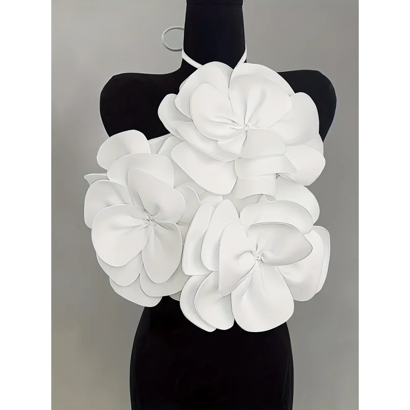 

Women's Elegant Valentine's Day Criss-Halter Sleeveless Top - Solid White Floral Appliqué Ribbed Bodycon