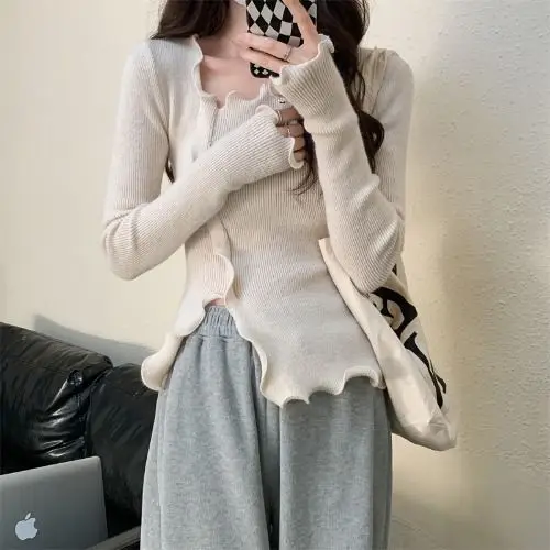 Irregular Fungus Edge with Knitted Sweater for Women Slim Fit and Split Design Sweater Base Pure Desire Top