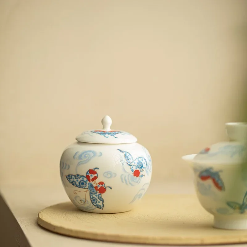 New Chinese Dream Butterfly TeaPot Barn Pot Candied Dried Fruit Pot Strong Seal Moisture-proof Small Storage Pot Ceramic TeaSet