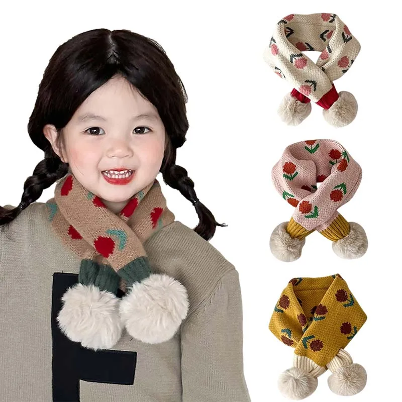 

Pompom Cross Baby Scarfs Knitted Flower Korean Kids Neck Warmer Striped Autumn Winter Children Scarfs for Girls Boys Accessories