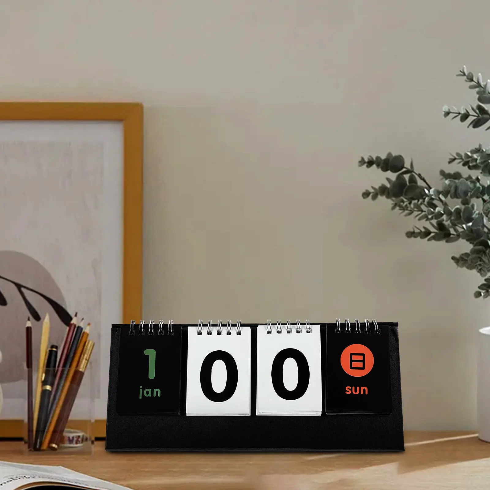 Black Sleek Perpetual Desk Calendar Reversible Calendar Countdown Timer Score Board Design Modern Home Office Decor