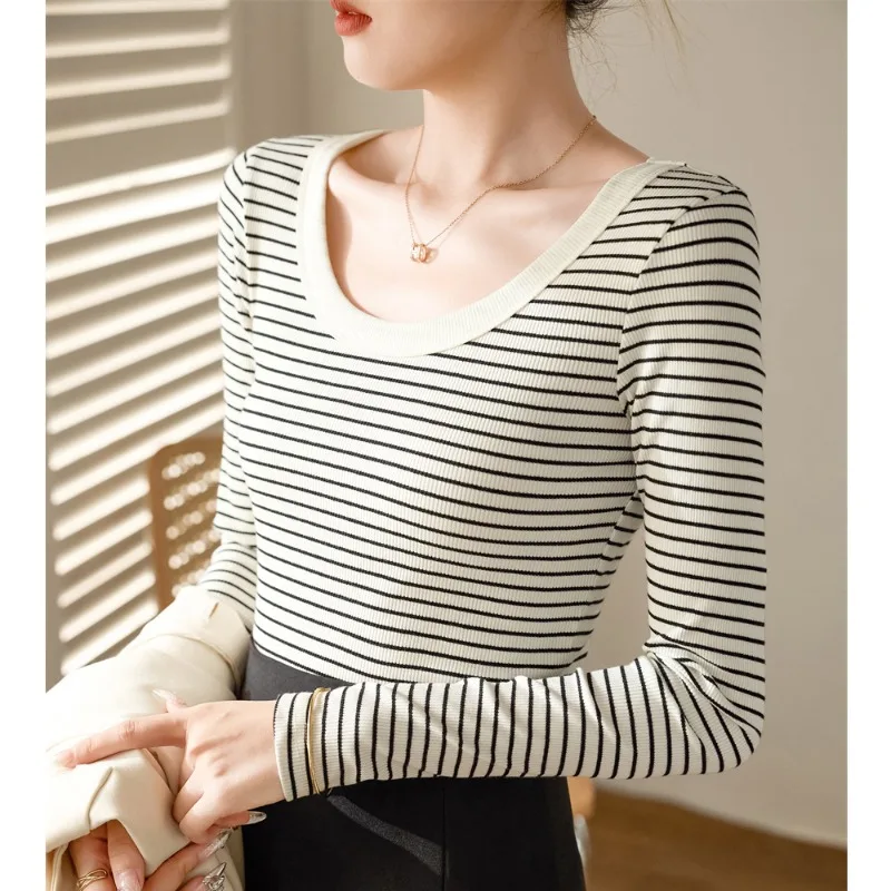 

Cotton striped T-shirt women's long sleeved autumn/winter new round neck shoulder top slim fit and slimming base shirt