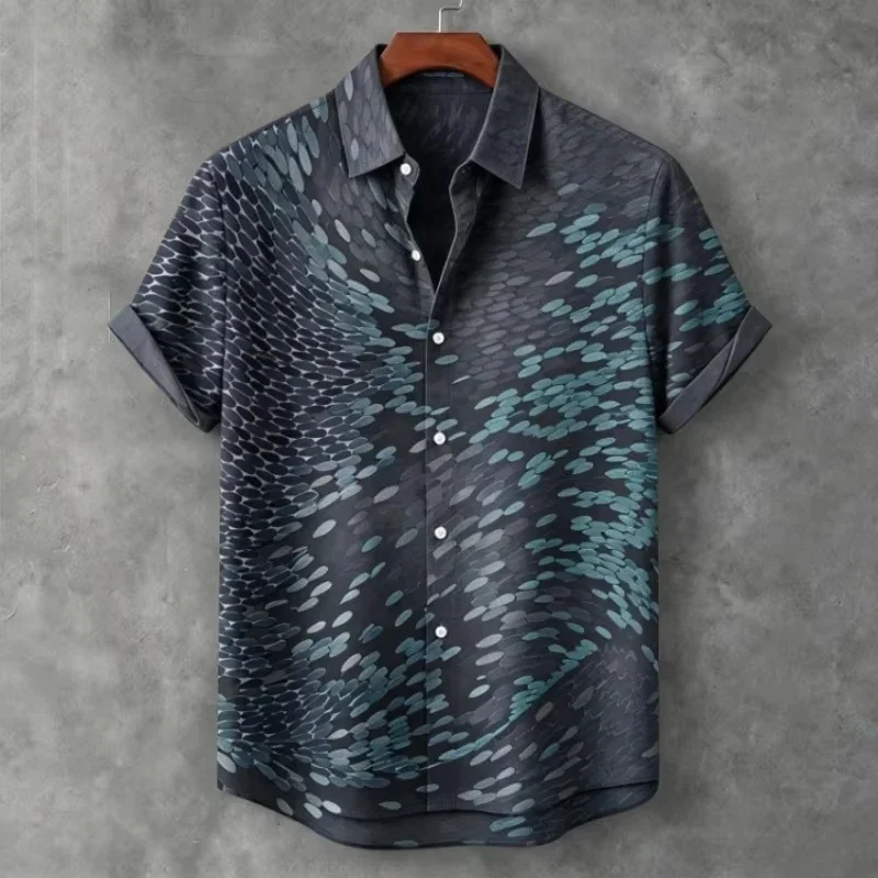 Men's Gradient Fish Group Print Shirt Casual Summer Short Sleeve Button Down Blouse Lapel Tops Tunics Holiday Chic Male Clothing