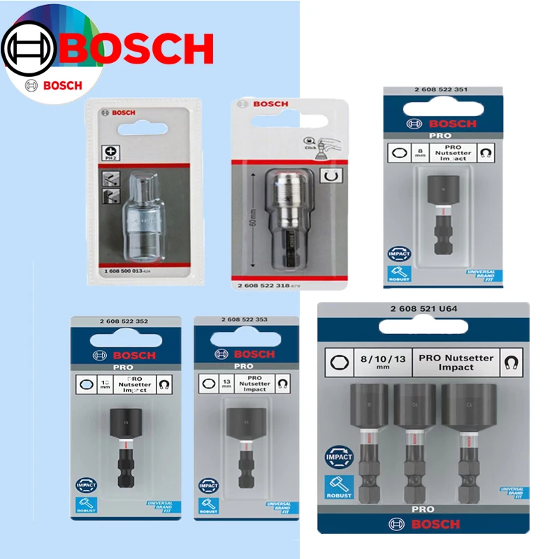 

Оригинальные аксессуары Bosch серии 2608/PRO: Бит-насадка PH2, удлинитель 60 мм для быстрой смены, ударные торцевые головки 8/10/13 мм