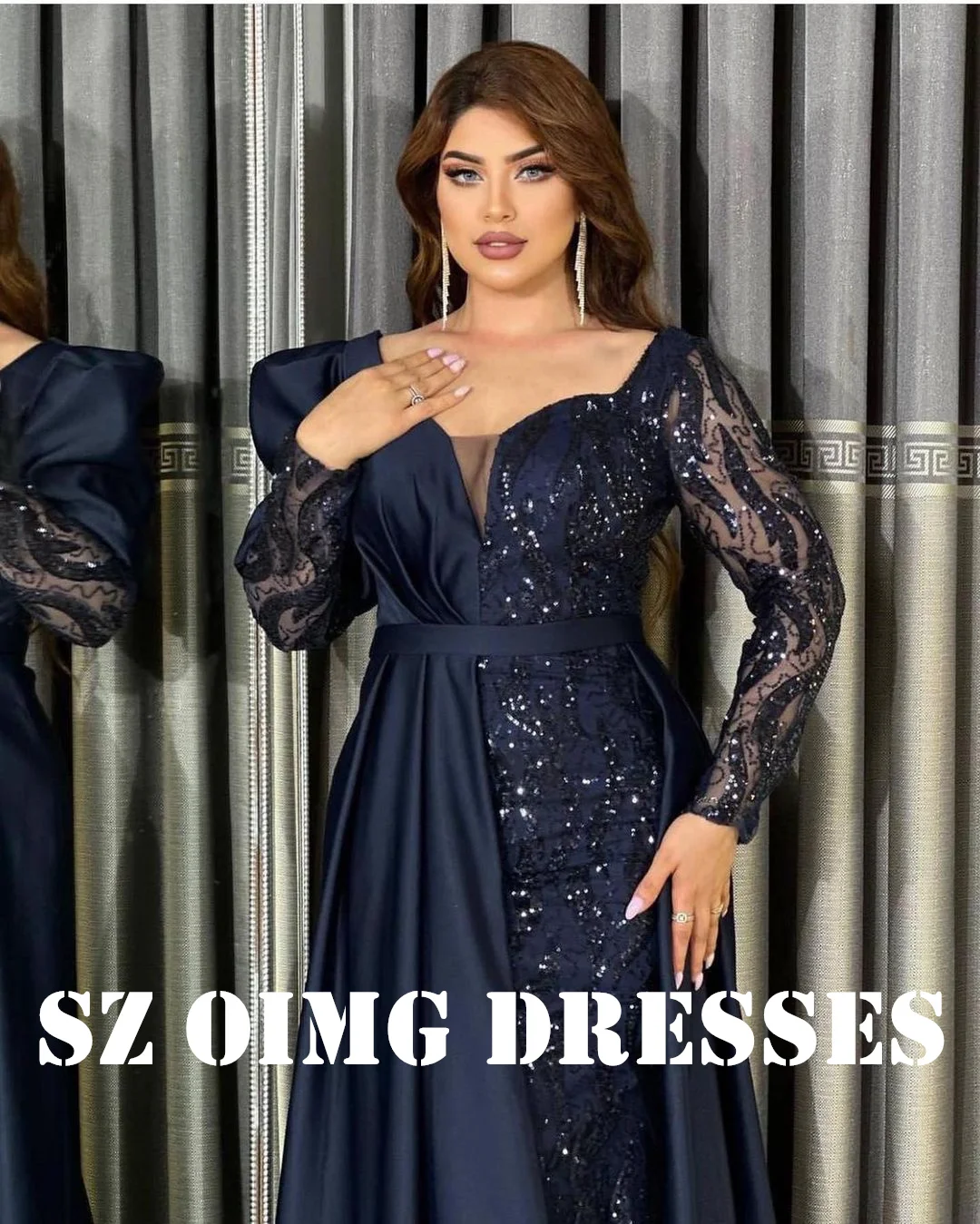 OIMG New Design V-Neck Sequined Mermaid Prom Dresses Saudi Arabic Women Customized Blue Gowns Formal Party Dress Customized