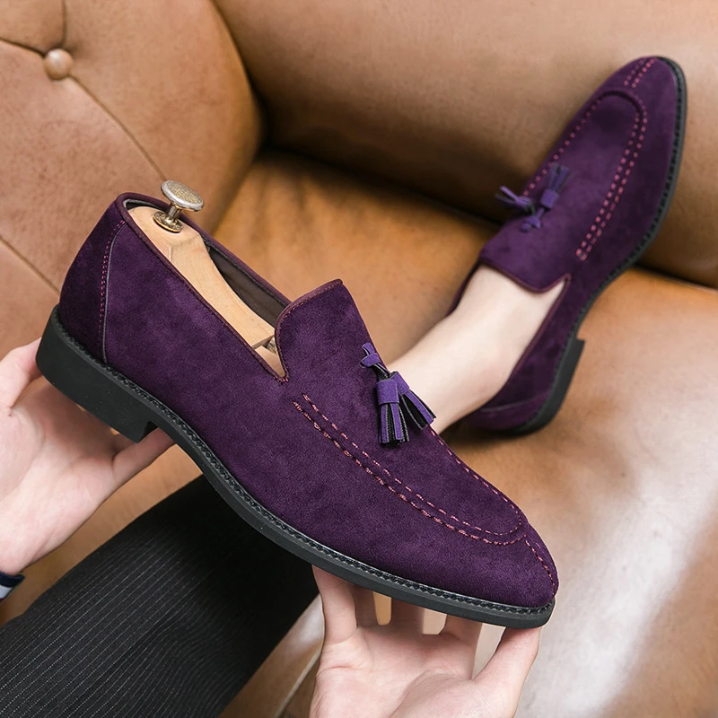 Marka projektant męskie zamszowe buty skórzane Vintage fioletowe mokasyny z frędzlami męskie mokasyny Casual mieszkania Slip-On męskie buty towarzyskie — zdjęcie 6