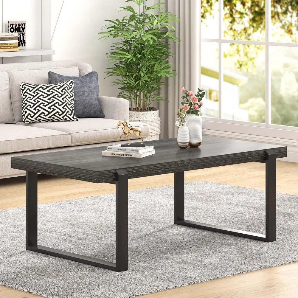 Mesa de centro moderna rústica, centro de mesa rectangular de madera y metal para salón, gris oscuro, ideal para reuniones informales y C