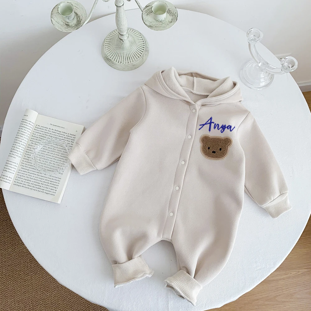 Personalized Embroidery 2023 Baby Bodysuit Thickened Autumn and Winter Bear Creeper Customized Newborn Name Fleece Creeper